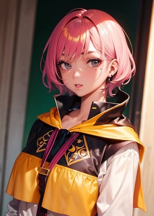 1girl,[[realistic]],(shiny skin),(masterpiece:1.4),(best quality:1.4),a girl with pink short hair, black eyes, ((a scar on her right eyebrow)), ((a mole on her right mouth)), ((dressed as a hufflepuff student harry potter)),