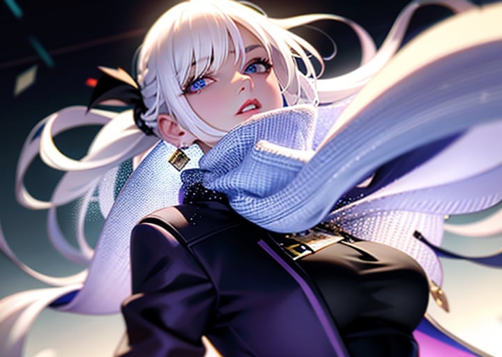 1girl, bangs, white hair, black jacket, blue eyes, blurry, blurry background, braid, breasts, earrings, from side, jacket, jewelry, long hair, looking at viewer, open clothes, open jacket, ponytail, purple eyes, solo, upper body,baiyi,[[realistic]],(shiny skin),(masterpiece:1.4),(best quality:1.4),red lips,parted lips,katana in hand pointing the tip at camera,