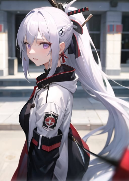 1girl angry, katana,bangs, white hair, black jacket, blue eyes, blurry, blurry background, braid, breasts, earrings, from side, jacket, jewelry, long hair, looking at viewer, open clothes, open jacket, ponytail, purple eyes, solo,baiyi,realistic,(shiny skin),(masterpiece:1.4),(best quality:1.4),red lips,parted lips,