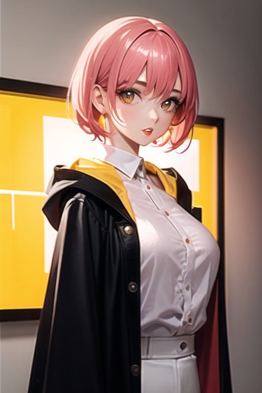 1girl, short pink hair,hufflepuff House Cloak,, yellow eyes, breasts, looking at viewer, solo, upper body,baiyi,[[realistic]],(shiny skin),(masterpiece:1.4),(best quality:1.4),red lips,parted lips