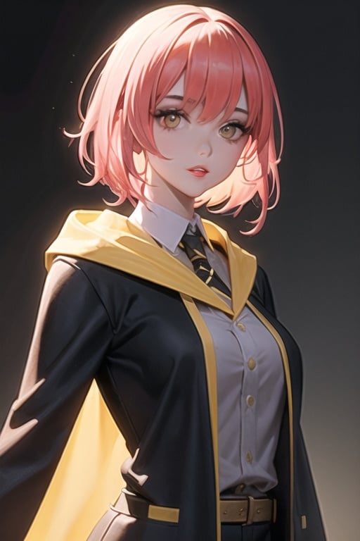 1girl, short pink hair,hufflepuff House Cloak,, yellow eyes, looking at viewer, solo, upper body,baiyi,[[realistic]],(shiny skin),(masterpiece:1.4),(best quality:1.4),red lips,parted lips