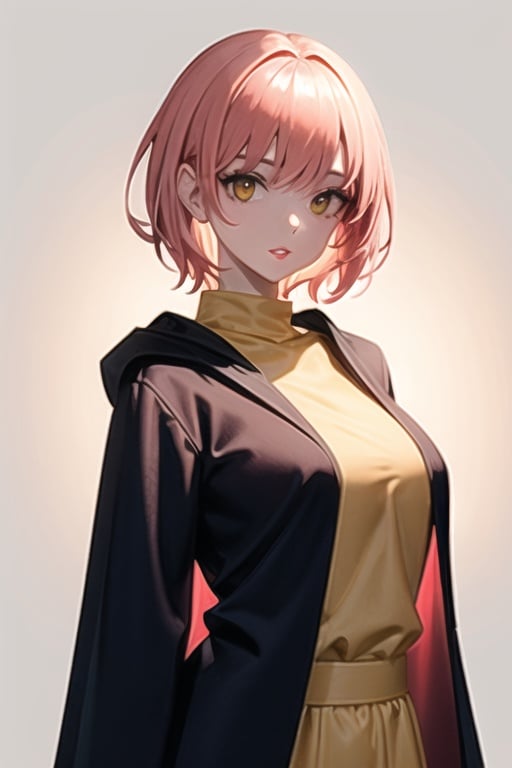 1girl, short pink hair,hufflepuff House Cloak,, yellow eyes, breasts, looking at viewer, solo, upper body,baiyi,[[realistic]],(shiny skin),(masterpiece:1.4),(best quality:1.4),red lips,parted lips