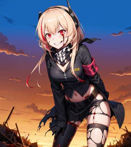 <lora:Sopmod>,1girl,sopmodnormal,black jacket,skirt,scarf,armband on left arm,giantess,city,headgear,thighhighs,evil smile,ruins,city,rubble,dirt,overgrown,golden hour,heavy shading,(blood on face:1.2),glowing eyes,standing,leaning forward,(torn clothes:1.4),midriff,damaged,floating hair