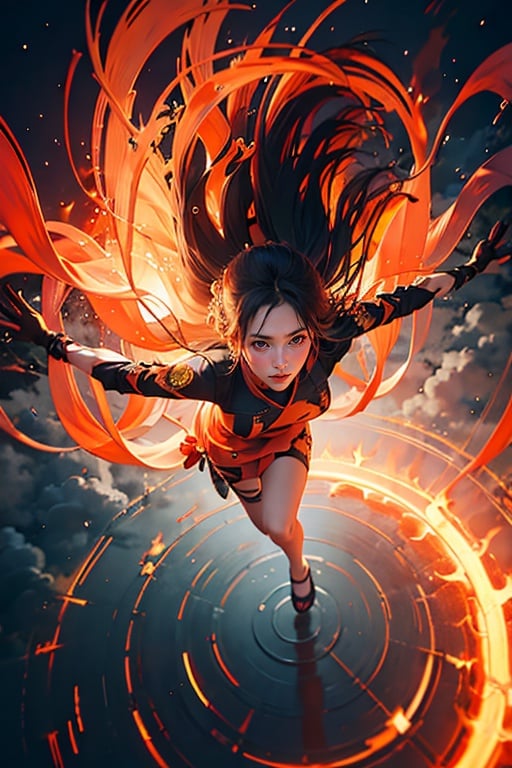 best quality, realistic,masterpiece, detailed face,,ripples,( 1girl:1.3),solo,tangerine dress, dark clouds, ,fire,flame,full body,fire ring,weapon,fight , depth of field,floating ribbon,from above,  high-rises,<lora:fire:0.6>,<lora:SBGF:0.6>,