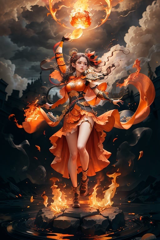 best quality, masterpiece, detailed face,,ripples,( 1girl:1.3),solo,tangerine dress, dark clouds,   <lora:fire:0.6>,fire,flame,full body,fire ring,weapon,fight , depth of field,wind,armor,floating ribbon,from below, <lora:keji:0.5>