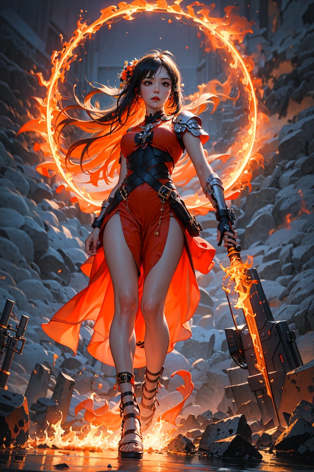 best quality, realistic,masterpiece, detailed face,,ripples,( 1girl:1.3),solo,tangerine dress, dark clouds,   <lora:fire:0.6>,fire,flame,full body,fire ring,weapon,fight , depth of field,wind,armor,floating ribbon,from below, ,stone,  <lora:SBGF:0.6>