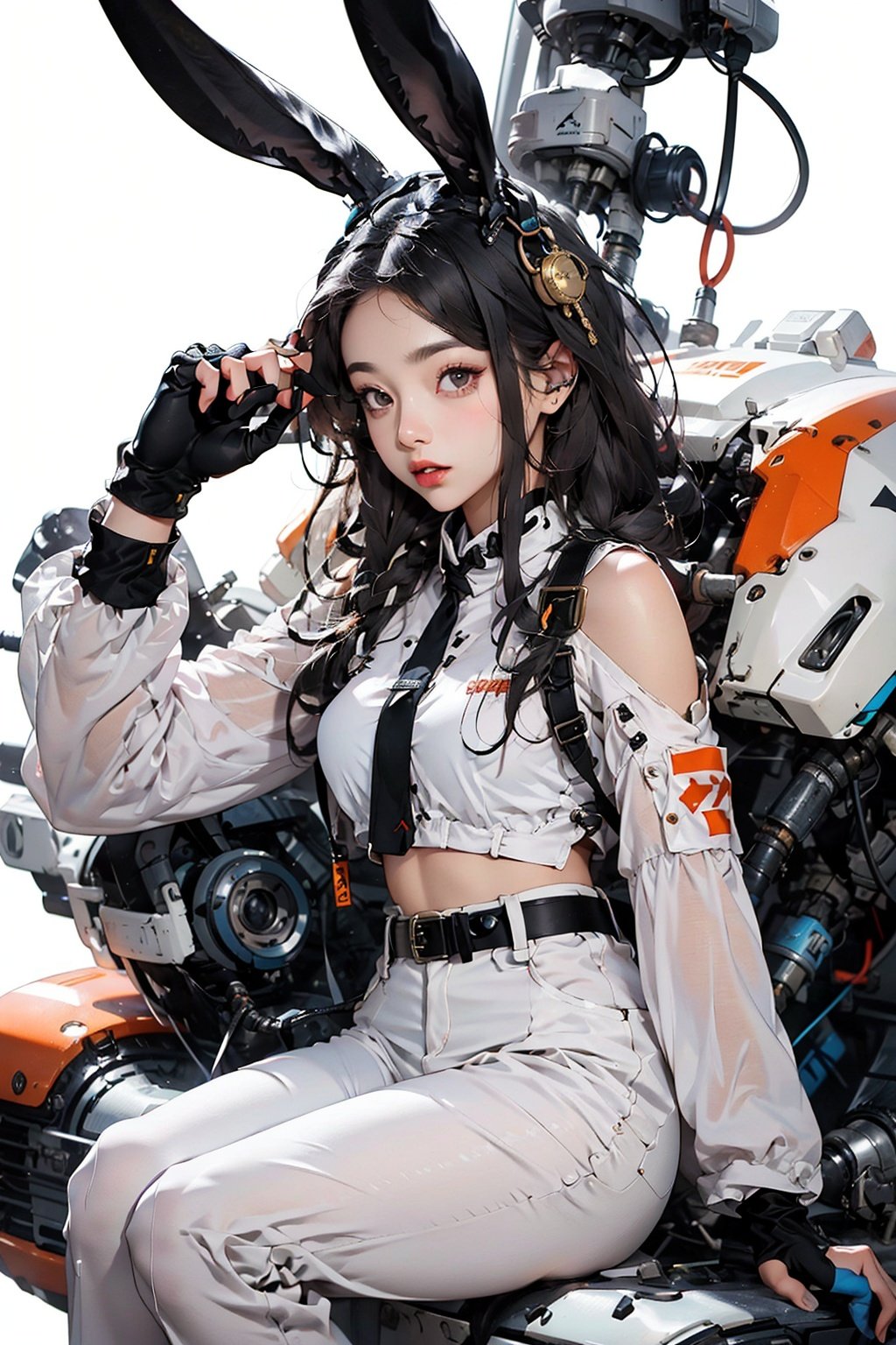 (original photos, best quality) , (realistic, realistic: 1.3) , (very delicate and beautiful: 1.1) , Amazing detail,Large file,Chinese element,Mech style,Panda Mecha,black and white,Gold silk thread embellishment,Detailed Mecha,Detailed mech originals,
1 Girl,solo,close up,trousers,Chinese knot,Black hair,Brown eyes,Play handsome,Pull the expression,
Sitting on a giant mech hand,battle tendency,motion blur,weapon,The gun,between legs,panda ears,Rabbit ear