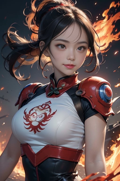 (masterpiece),(best quality),(ultra-detailed),(illustration),(disheveled hair),(photo_medium),Chinese element,1 Girl,Mecha,Red and blue and white,upper body,Detailed mech originals,Chinese knot,Black hair,Brown eyes,smile,Vermilion bird,flame,battle tendency,motion blur,