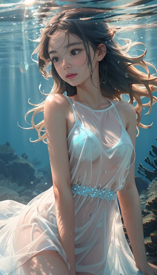 Underwater series /// High detail RAW color photo professional, highly detail face: 1.4, nymph style, amazing underwater, detailed skin, wet clothes, wet hair, lens flare, shade, tindal effect, lens flare, backlighting, bokeh, a detailed portrait of a woman floating underwater wearing long flowing dress, see-through clothes