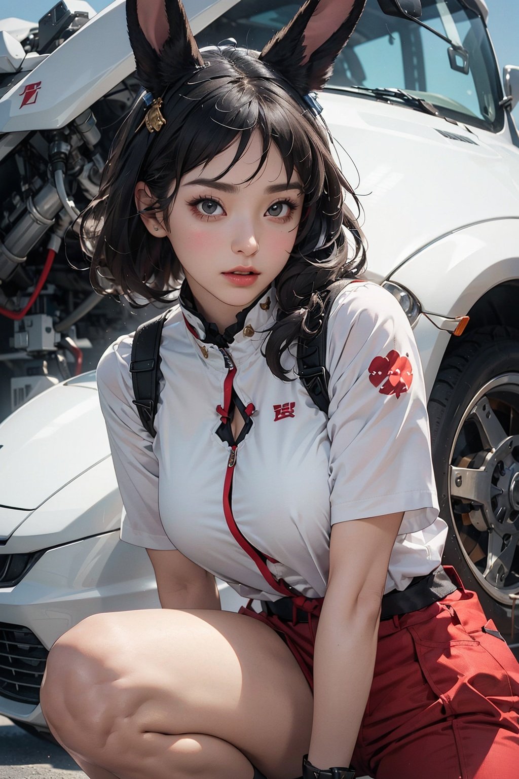 (original photos, best quality) , (realistic, realistic: 1.3) , (very delicate and beautiful: 1.1) , Amazing detail,Large file,Chinese element,Mech style,Panda Mecha,black and white,Gold silk thread embellishment,Detailed Mecha,Detailed mech originals,
1 Girl,solo,close up,trousers,Chinese knot,Black hair,Brown eyes,Play handsome,Pull the expression,
Sitting on a giant mech hand,battle tendency,motion blur,weapon,The gun,between legs,panda ears,Rabbit ear