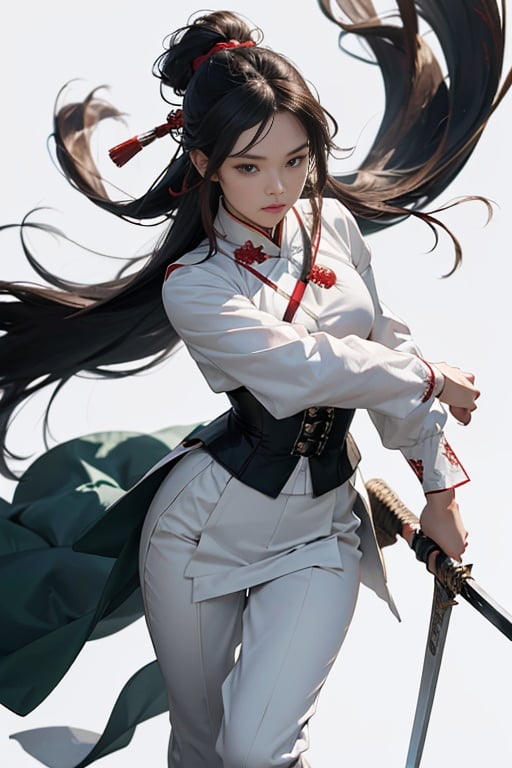 Best quality,masterpiece,ultra high res,(photorealistic:1.4)weapon,sword,1girl,male focus,solo,white background,looking at viewer,long sleeves,simple background,sash,holding weapon,pants,holding,full body,holding sword,floating hair,Long hair,corset,ojou-sama pose,Chinese traditional clothes,Red Army Robe,