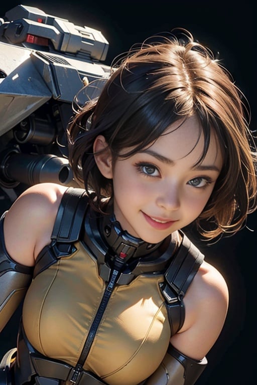 best quality,ultra high res,(photorealistic:1.4),1girl,smile,facing front,bare shoulders,Mecha Suit,Detailed mechanical elements,