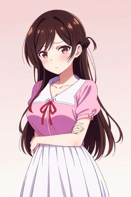 leaning forward, (downblouse:2), <lora:lora_mizuhara_chizuru_v1:0.6>, white_skirt, pink_shirt, puffy_sleeves, short_sleeves, red ribbon, masterpiece, best quality, 8k wallpaper, 1girl, beautiful detailed eyes, 1girl, solo, long_hair, breasts, looking_at_viewer, blush, brown_hair, brown_eyes, medium_breasts, mizuhara_chizuru