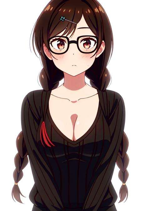 <lora:lora_mizuhara_chizuru_v1:0.6>, glasses, twin braids, masterpiece, best quality, 8k wallpaper, 1girl, beautiful detailed eyes, 1girl, solo, long_hair, hair_ornament, hairclip,  breasts, plain black loose sweater, cleavage, collarbone,  brown_hair, brown_eyes, medium_breasts, mizuhara_chizuru