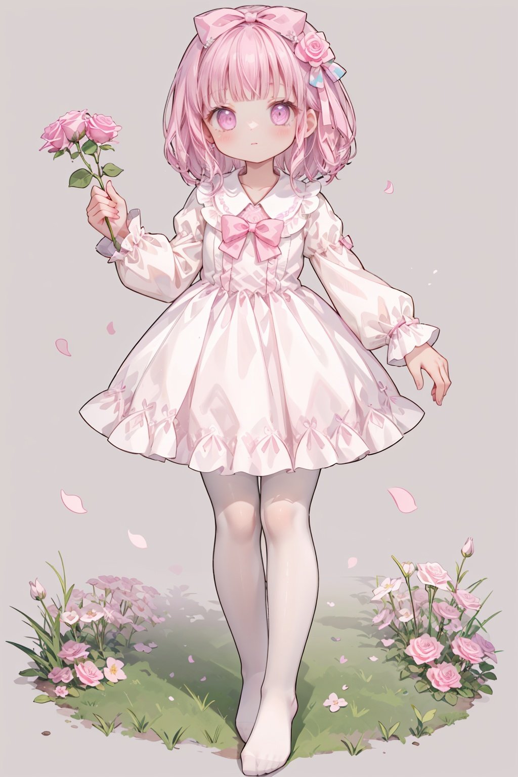 1girl, solo, dress,flower, bow, pantyhose, full body, white dress, looking at viewer,no shoes, pink flower,pink bow,long sleeves, rose, white pantyhose,holding, frills, pink rose, frilled dress, hair ornament, simple background, grass, bowtie, standing, hair bow,