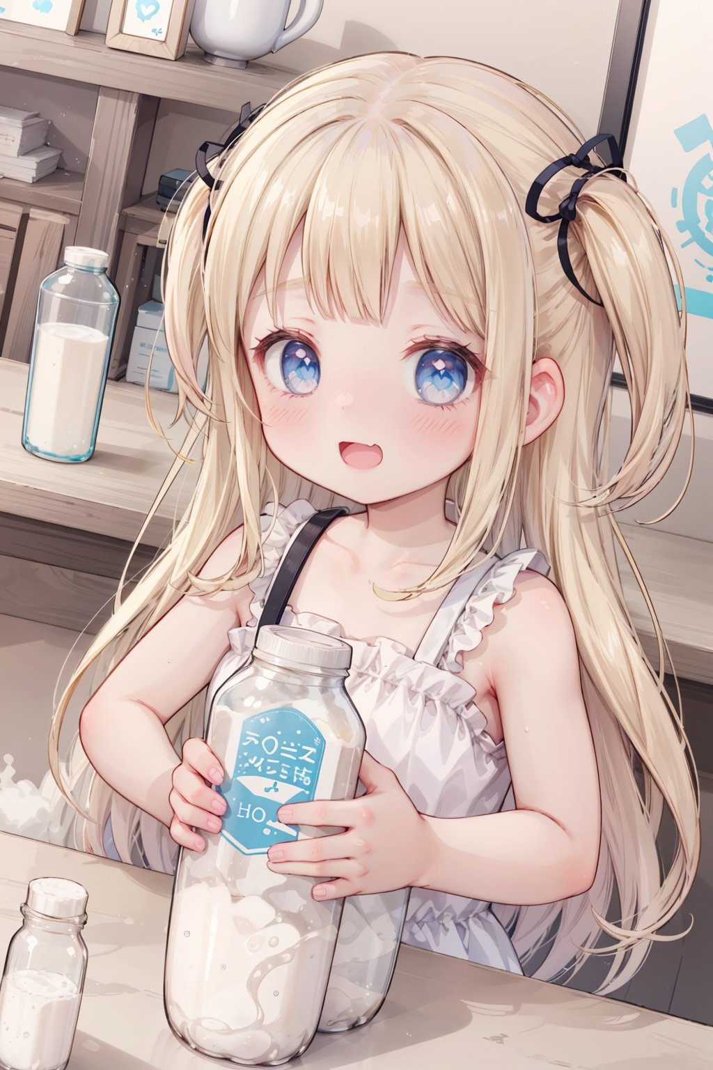 1girl,long blonde hair,one side up,blue eyes, Blush with shame,shy,smile,hearts,open mouth,milk bottle on table,