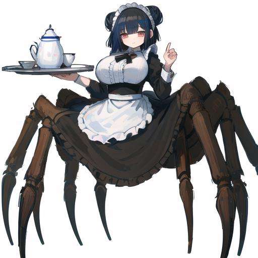 1girl, ankle garter, (extra_eyes:1.5), (large breasts:1.4), apron, arachne, arthropod girl, arthropod limbs, bangs, black dress, black footwear, black pantyhose, blunt bangs, bow, bug, closed mouth, collared dress, cross tie, cup, dress, frilled apron, frills, full body, green hair, hair bow, hair bun, hands up, high heels, holding, holding tray, juliet sleeves, long sleeves, maid, maid headdress, monster girl, pantyhose, personification, photo inset, puffy sleeves, reference inset, sidelocks, simple background, sleeve cuffs, smile, solo, spider, spider girl, stiletto heels, tarantula, taur, tea set, teacup, teapot, tray, white apron, white background, white bow, gomulgong, original, absurdres, bad id, bad pixiv id, highres, <lora:spider_girl_v1:1.4>