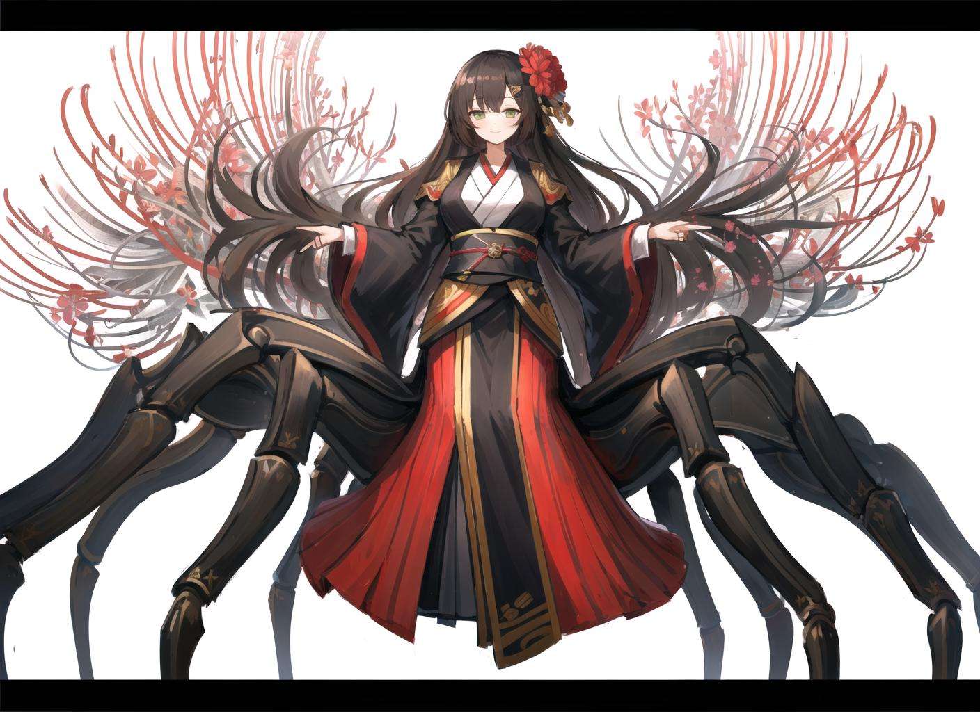 1girl, arachne, (largebreasts:1.3), arthropod girl, arthropod limbs, bangs, black gloves, black kimono, breasts, brown hair, closed mouth, extra eyes, extra legs, fingerless gloves, flower, full body, gloves, green eyes, hair flower, hair ornament, japanese clothes, kimono, large breasts, long hair, long sleeves, looking at viewer, monster girl, red flower, simple background, smile, solo, spider girl, spider lily, taur, white background, wide sleeves, lansane, clover theater, official art,  <lora:spider_girl_v1:1>