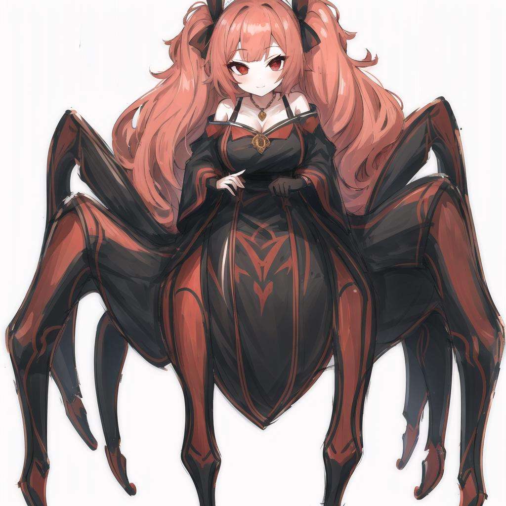 1girl, ahoge, alternate hair color, arachne, arthropod girl, bare shoulders, black dress, black gloves, breasts, cleavage, colored sclera, dress, elbow gloves, extra eyes, eyes visible through hair, full body, gloves, hand on hip, jewelry, large breasts, light smile, long hair, monster girl, monsterification, necklace, off-shoulder dress, off shoulder, pale skin, pendant, pink hair, red eyes, red hair, red sclera, shadow, signature, solo, spider girl, taur, twintails, virtual youtuber, white background, qtini, rikudou yura, prism project, absurdres, highres, <lora:spider_girl_v1:1.4>