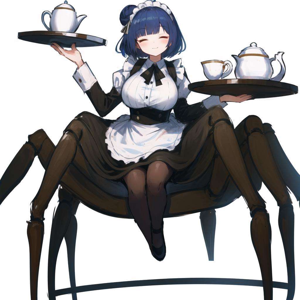 1girl, ankle garter, (large breasts:1.4), apron, arachne, arthropod girl, arthropod limbs, bangs, black dress, black footwear, black pantyhose, blunt bangs, bow, bug, closed eyes, closed mouth, collared dress, cross tie, cup, dress, frilled apron, frills, full body, green hair, hair bow, hair bun, hands up, high heels, holding, holding tray, juliet sleeves, long sleeves, maid, maid headdress, monster girl, pantyhose, personification, photo inset, puffy sleeves, reference inset, sidelocks, simple background, sleeve cuffs, smile, solo, spider, spider girl, stiletto heels, tarantula, taur, tea set, teacup, teapot, tray, white apron, white background, white bow, gomulgong, original, absurdres, bad id, bad pixiv id, highres, <lora:spider_girl_v1:1.4>