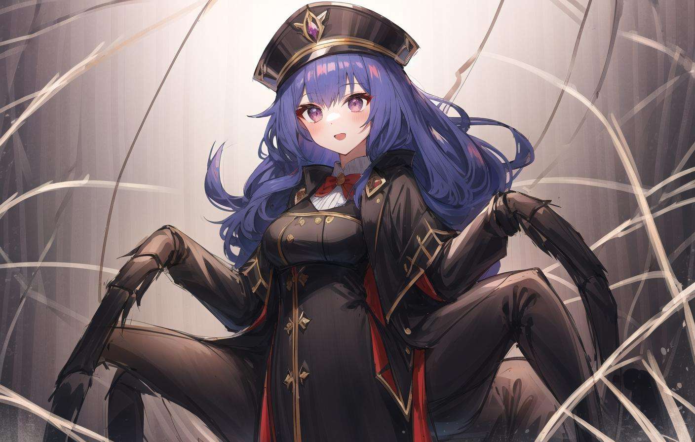 1girl, arachne, arthropod girl, arthropod limbs, black gloves, black headwear, black skirt, breasts, carapace, elbow gloves, extra legs, gloves, hat, high-waist skirt, large breasts, long hair, monster girl, multiple legs, partially fingerless gloves, purple eyes, purple hair, skirt, solo, spider girl, taur, lansane, original, tarantula leg, <lora:spider_girl_v1:1.5>, (spider web:1.4)