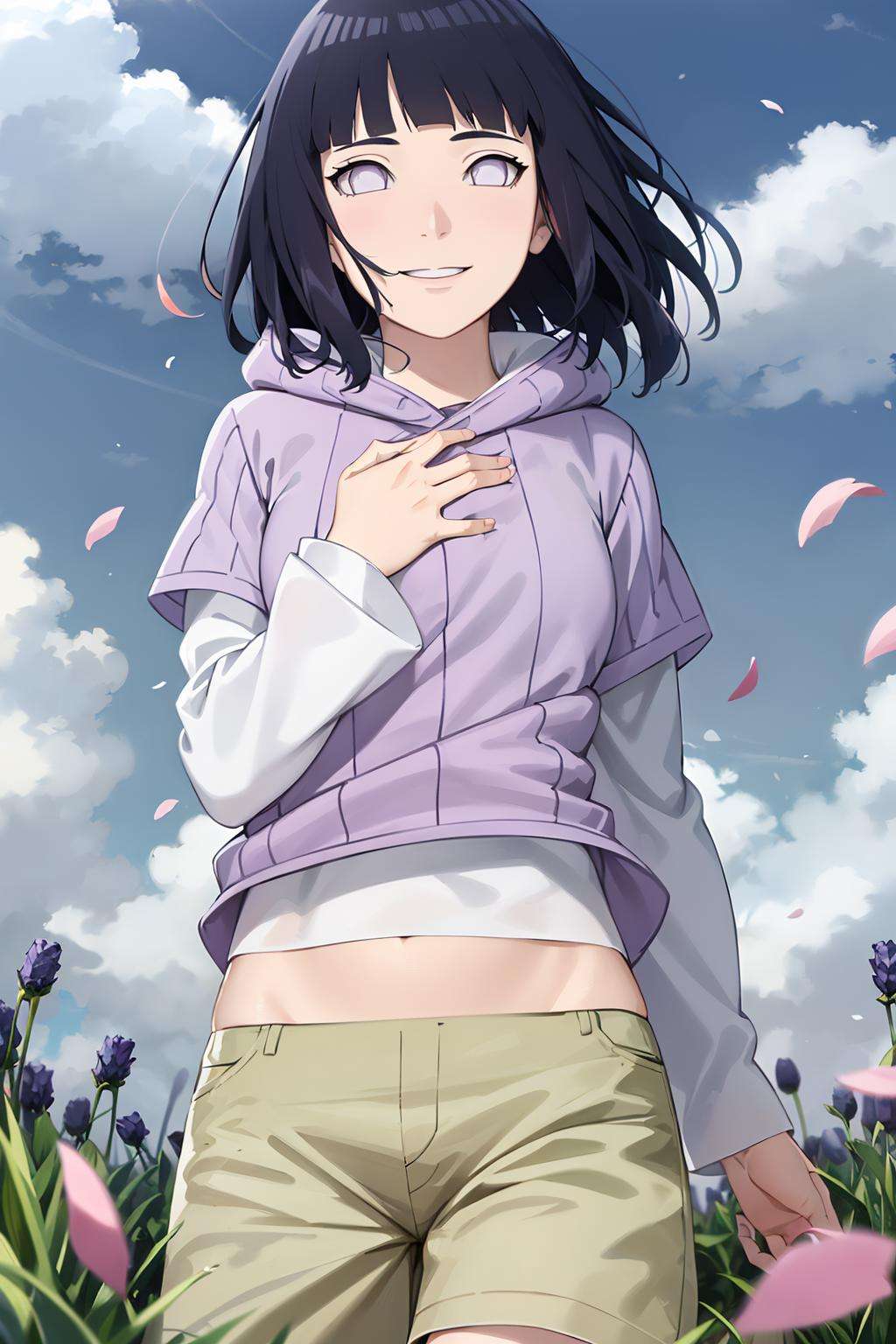 masterpiece, absurdres, hinata\(boruto\), 1girl, solo,mature female, purple hoodie,layered sleeves, brown pants,  outdoors,lavender flower field, wind, floating hair,hand on own chest,  looking at viewer, smile, (falling petals), cloudy sky,  <lora:Hinata[boruto]V2:0.8>