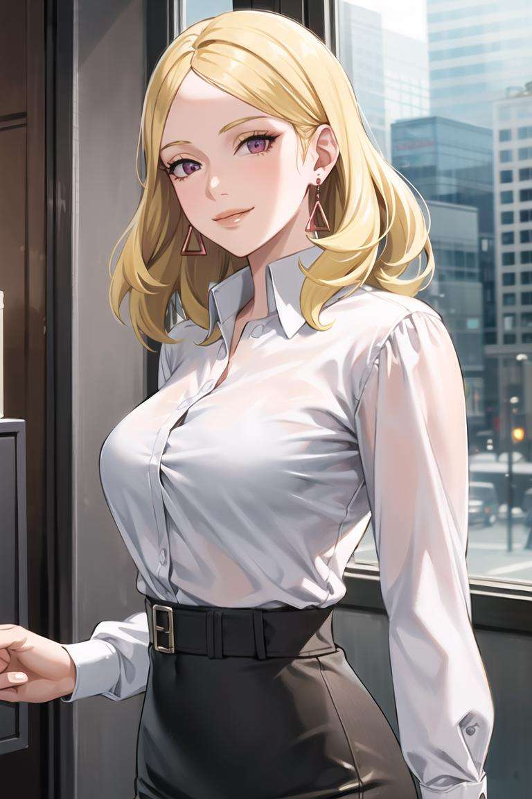 Delta, blonde hair,earrings, lips, closed mouth, 1girl, solo, smile ,(black suit), pantyhose, pencil skirt,black skirt,long sleeves, shirt tucked in,looking at viewer, shirt, (white shirt), window, formal,  light smile, upper body,(intricately detailed, hyperdetailed), blurry background,depth of field, best quality, masterpiece, intricate details, tonemapping, sharp focus, hyper detailed, trending on Artstation,1 girl, high res,facing viewer, official art