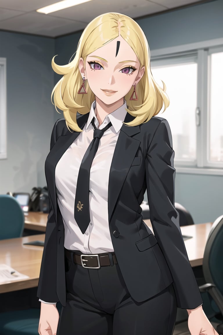 1girl,cowboy shot, beautiful Delta, earrings, blonde hair, lips, closed mouth, 1girl, solo, necktie, smile,black jacket,black suit, long sleeves, shirt tucked in,looking at viewer, shirt, black necktie, white shirt, medium breasts,window, formal, light smile, office lady,pants, black pants, belt, business suit, suit, (intricately detailed, hyperdetailed), blurry background,depth of field, best quality, masterpiece, intricate details, tonemapping, sharp focus, hyper detailed, trending on Artstation,1 girl, high res,facing viewer, official art