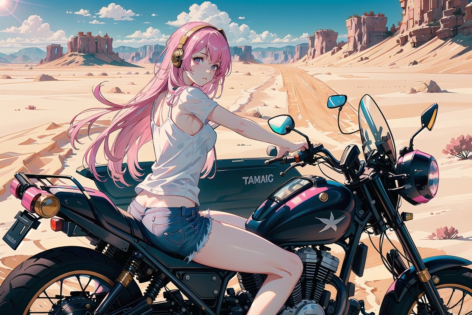 1 girl, white camisole, gold short sleeve, Listening to music, driving a motorcycle in the desert,(looking back:1.5),best shadow, cinemaic lighting, perfect Anatomy, (warm: 1.4), ((pink long hair)),detailed skin,medium shot