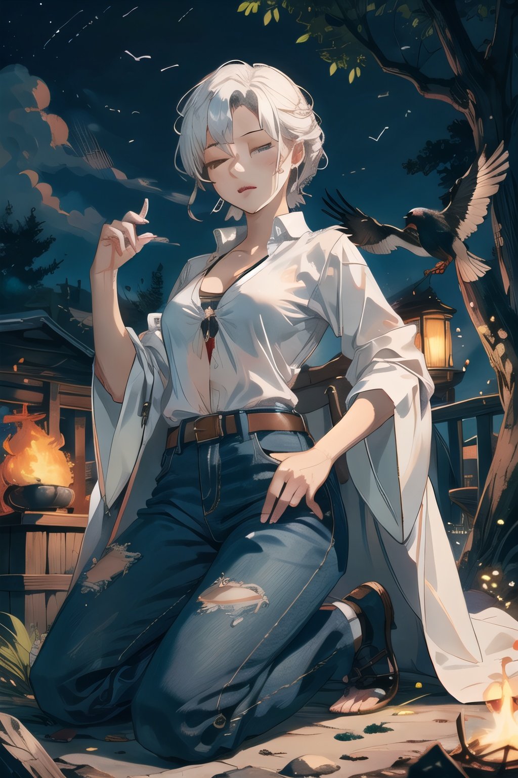 (masterpiece, best quality:1.2,more than 5 fingers), ciriW3_soul3142, 1girl, breasts, shirt, medium breasts, closed eyes, weapon, white hair, outdoors, belt, pants, tree, kneeling, meditating, bird, animal, scar, brown pants, crow, fire, embers, night