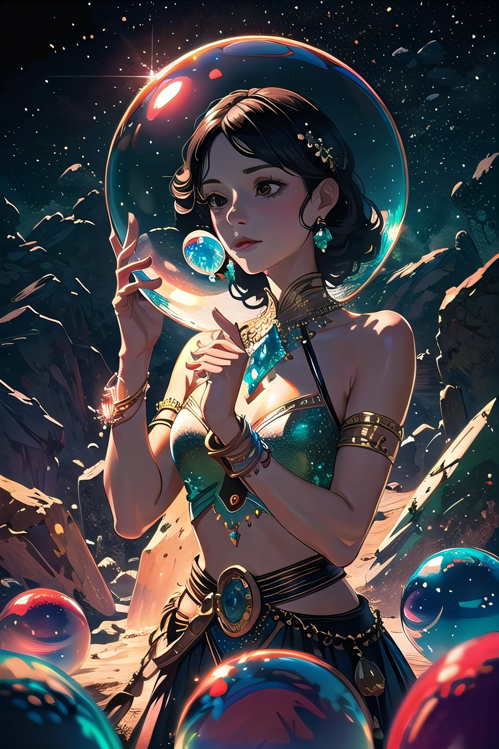 Masterpiece,best quality,(Highest picture quality),(Master's work),(ultra-detailed),{top quality},1 girl,A female warrior with black hair,(crystal ball on hand:1.4),SLUMPAREA,jellyfishforest,