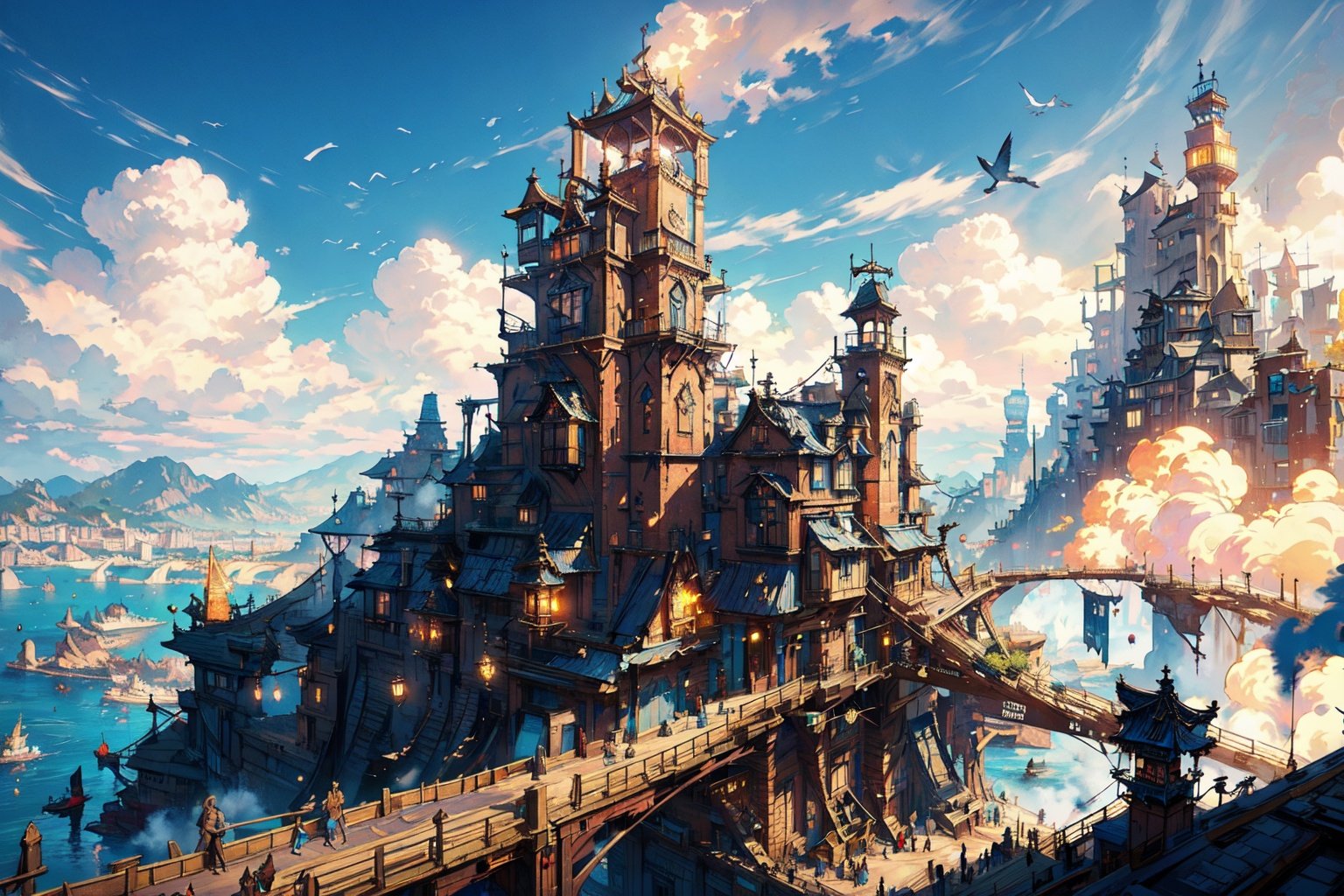 (masterpiece:1.2), best quality,fantasy,(steampunk:1.2), complex, street, city, steam, machine,dreamlike,scenery,future,orange light,blue sky,cityscape,blue spot,panorama,steam,((air city)),bird angle,nijistyle,houtufeng,midjourney