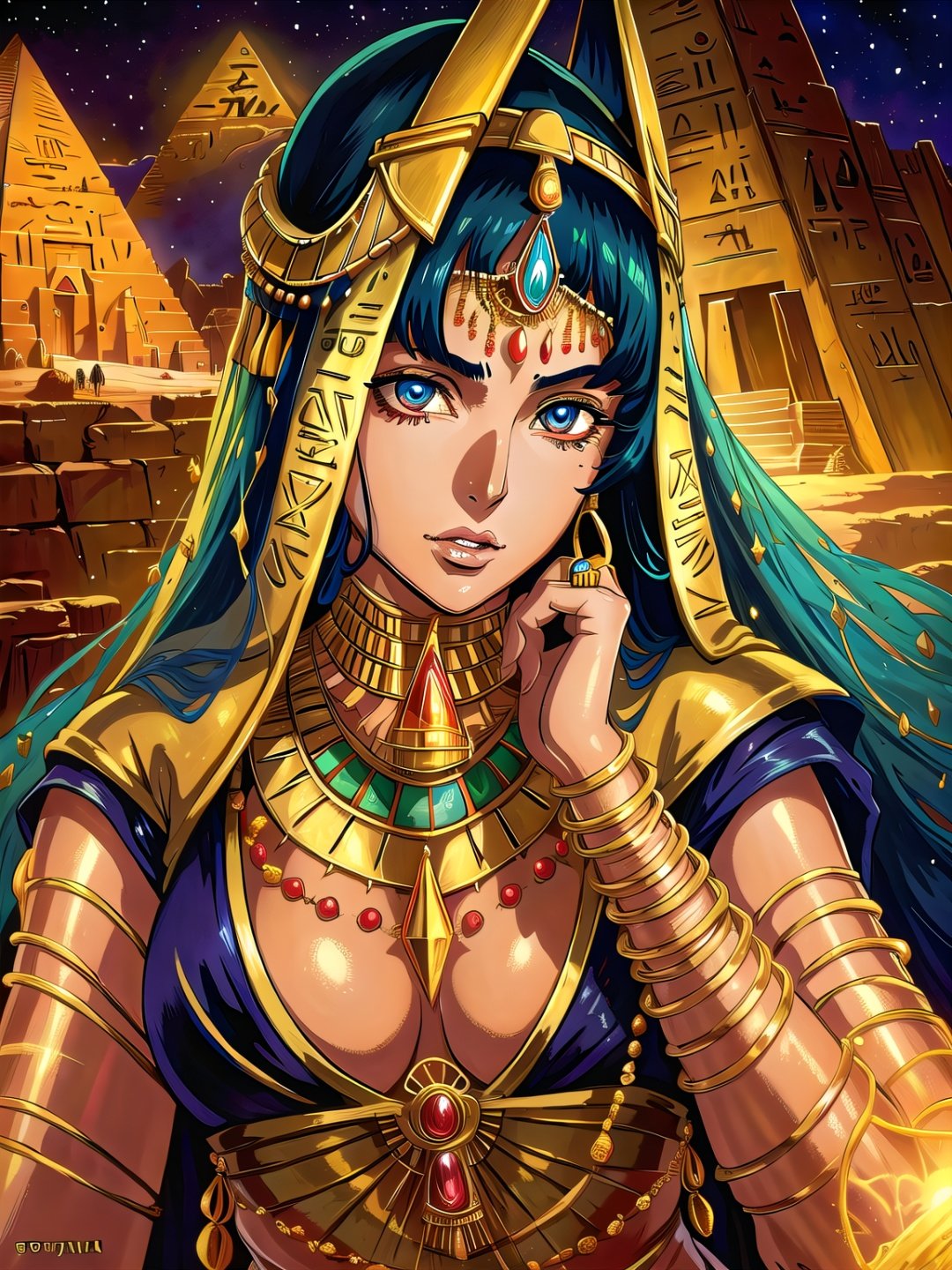 egyptian woman wearing intricate gold jewelry, desert town, pyramid, by Yoshiyuki Tomino, by Al Williamson, (by Bernie Wrightson:0.7), detailed face and eyes, masterpiece, (realistic:1.1) photo, volumetric lighting, soft lighting, absurdres, sharp, color graded, retouched, deep levels,