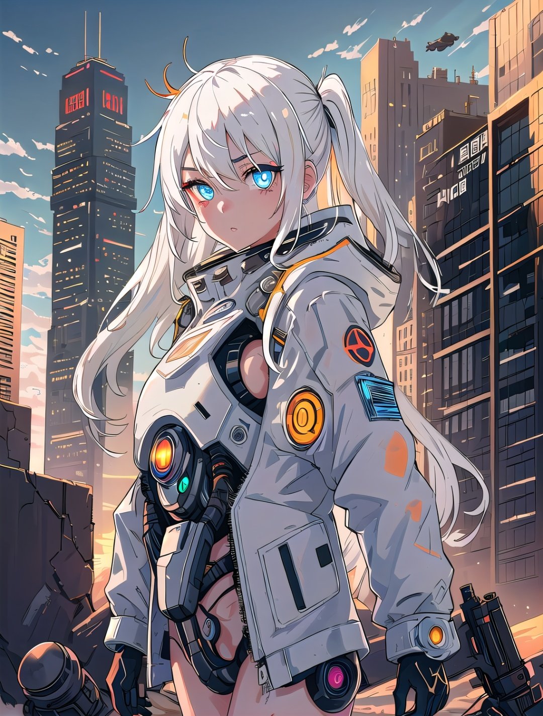 masterpiece, best quality, ultra-detailed, illustration, close-up, straight on, cyborg girl with beautiful eyes, cyberpunk, cyborg, desert, city debris, cold face, (looking at viewer), light white hair, dusk, sunshine clouds, beautiful eyes