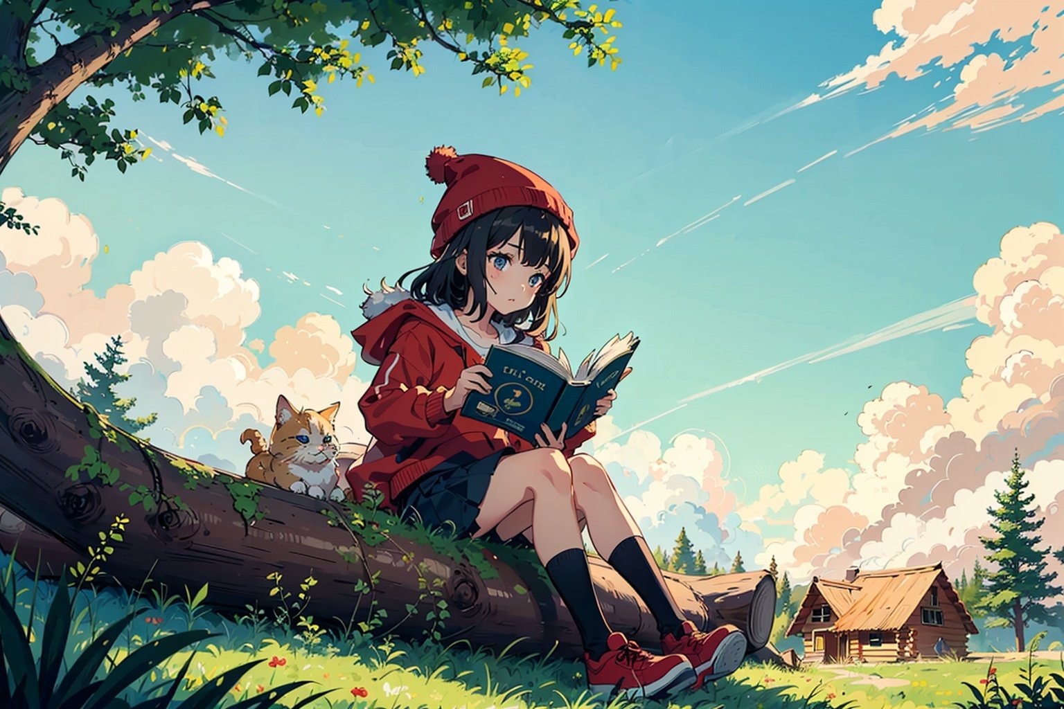 (((minimalist lines))),A 9-year-old girl in a red hat, detailed face, sitting on a big rock, reading a book, a simple log cabin, the sun shines on the roof through the forest, on the grass, warm colors