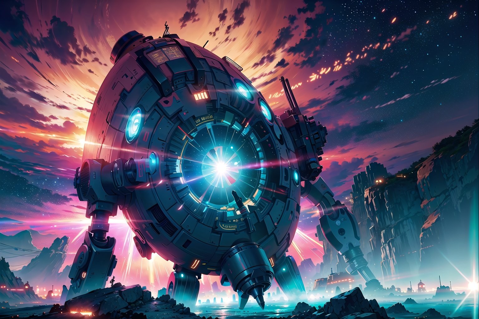 8K, UHD, RAW, hires, (photorealistic:1.4), Cinematic lighting, depth of fields, bloom, glare, lens effects, lens flares, a spaceship havoring on alien planet ,scifi, pink and blue tone, cyberpunk city, low saturation, mega robot destroy the world, 