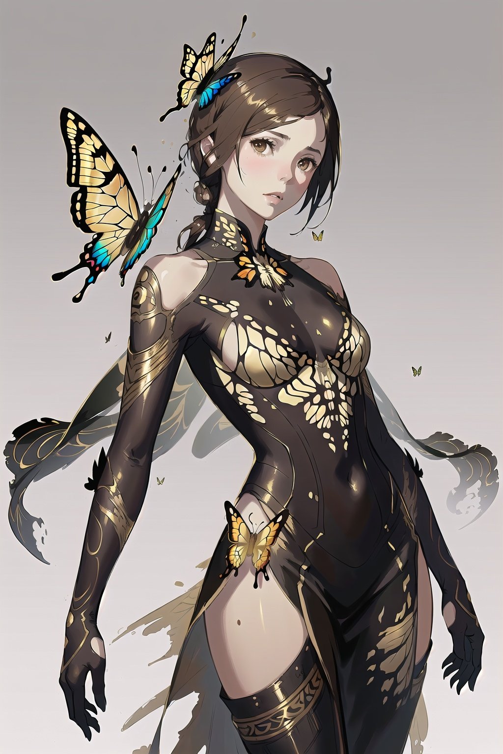 Style-Empire, 8k portrait of beautiful young woman with brown hair, intricate, elegant, highly detailed, majestic, digital photography, art by artgerm ruan jia and greg rutkowski surreal wet paint gold butterfly filigree, broken glass