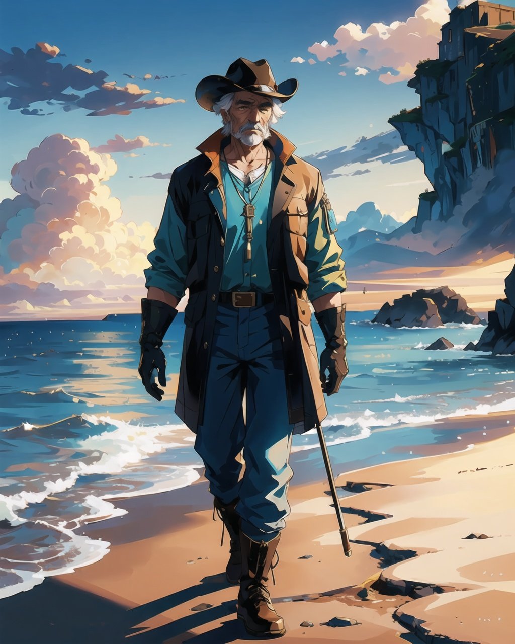 (masterpiece:1.1), (highest quality:1.1), (HDR:1.0), a portrait of an old coal miner in 19th century, (1 man:1.2), (high resolution uncompressed raw photo:0.8), (best quality), cowboy shot, popular on artstation, warm vibrant color palette, sandy beaches, highly detailed, walking, cloudy sky, ultra high res, a portrait, robotic, green, light yellow, northern warrior, blue sky, necklace, filigree, vanishing point, (intricate details), fantasy00d