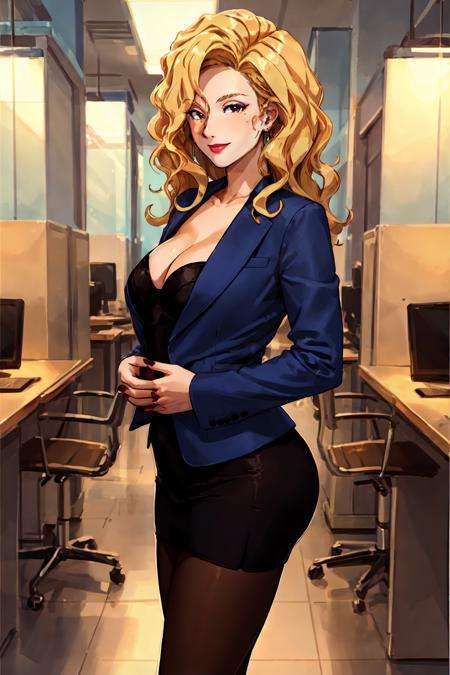 (Masterpiece, Best Quality, High Quality:1.4), professional artwork, well drawn, Intricate Details, field of view, sharp focus, detailed painting, masterpiece, cinematic lighting, trending on pixiv, vivid lighting, vibrant colors, by by Nagasawa Rosetsu,MadamePresident, mature female, milf, standing, hands on waist, office background, afternoon, full body shot,blonde hair, long hair, wavy hair, lipstick, makeup, ultra detail hair, ultra detail face, perfect eyes, perfect face, earring, brown eyes, Looking at Viewer, flirting, smiling,black pantyhose, black pencil skirt, blue jacket, highheels,Large Breasts, Cleavage, big ass, red nails, nail polish, <lora:MadamePresident:0.9>,  <lora:epi_noiseoffset2:1>