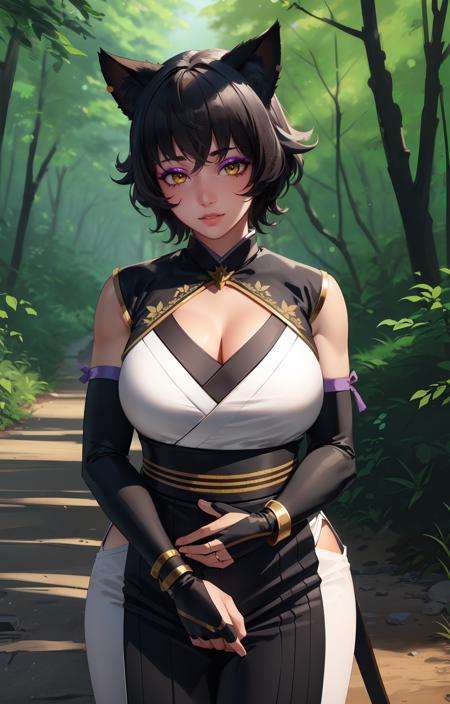 (masterpiece, best quality:1.3), highly detailed, intricate, professional art, digital art, 8K,kalibelladonna stands and spread her hands for hugs, (japaneese forest complex background, outside:1.15), cowboy shot,animal eyes, cat ears, black hair, short hair, blunt bangs, lipstick, (purple makeup:1.1), black eyeshadow, smokey eyes, detailed hair, ultra detailed face, yellow eyes, perfect eyes, perfect face,(tail:1.1), (japanese clothes:1.1), detached sleeves, (hip vent:0.9), (bridal gauntlets:1.1), shrug (clothing), black gloves, elbow gloves,(mature female, 40yo:1.1), Large Breasts, cleavage, <lora:Kali-000009:0.9>