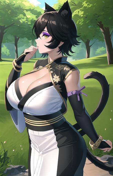 (masterpiece, best quality:1.3), highly detailed, intricate, professional art, digital art, 8K,kalibelladonna stands and send flying kiss, (japaneese forest complex background, outside:1.15), cowboy shot, (side view:0.9), looking at viewer,animal eyes, cat ears, black hair, short hair, blunt bangs, lipstick, (purple makeup:1.1), black eyeshadow, smokey eyes, detailed hair, ultra detailed face, yellow eyes, perfect eyes, perfect face,(tail:1.1), (japanese clothes:1.1), detached sleeves, (hip vent:0.9), (bridal gauntlets:1.1), shrug (clothing), black gloves, elbow gloves,(mature female, 40yo:1.1), puffy tits, (breasts out:0.8) large areola, Large Breasts, cleavage, <lora:Kali-000009:0.9>