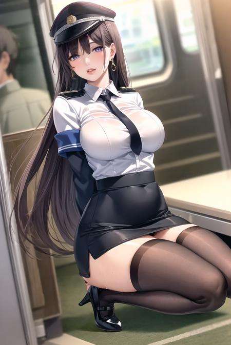 (masterpiece, best quality:1.3), colorful, vibrant, highly detailed, hentai, 4K, Kurotaki Rin, 1girl, Jumping as if being shocked by static electricity, sunny weather, train interior, golden hour, (blush:1.1), (sweat:1.1), horny smile, flirting glance, full body shot, black hair, very long hair, lipstick, makeup, eyeshadow, ultra detailed hair, detailed face, violet eyes, complex realistic perfect eyes, perfect face, earrings, jewelry, black military uniform, pencil skirt, (white shirt:1.1), armband, necktie, cap, pink thighhighs, pink court shoes, (mature female, 30yo:1.1), covered breasts, milf, breasts, <lora:goodhandsBeta2.L2r5:1>  <lora:Kurotaki-000009:0.85>, 