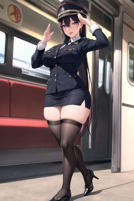 (masterpiece, best quality:1.3), colorful, vibrant, highly detailed, hentai, 4K, Kurotaki Rin, 1girl, Dancing, hands clapping above the head, sunny weather, train interior, golden hour, (blush:1.1), (sweat:1.1), horny smile, flirting glance, full body shot, black hair, very long hair, lipstick, makeup, eyeshadow, ultra detailed hair, detailed face, violet eyes, complex realistic perfect eyes, perfect face, earrings, jewelry, black military uniform, pencil skirt, (white shirt:1.1), armband, necktie, cap, pink thighhighs, pink court shoes, (mature female, 30yo:1.1), covered breasts, milf, breasts, <lora:goodhandsBeta2.L2r5:1>  <lora:Kurotaki-000009:0.85>, 