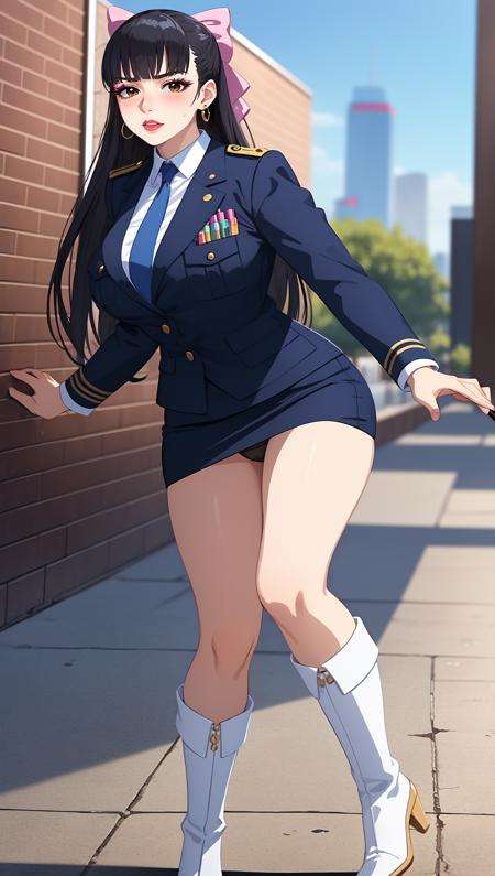 (masterpiece, highres, best quality:1.3), 8K, highly detailed, intricate, colorful, vibrant image, sharp focus, hentai, 4K,Agatha, 1girl, (battle stance:1.1), confident look, (kicking:1.2), pantyshot, sunny weather, (blush:1.1), blue sky, skyscrapers, full body shot,black hair, long hair, blunt bangs, hair ornament, hair stick, bow, lipstick, makeup, eyeshadow, ultra detailed hair, detailed face, brown eyes, complex realistic perfect eyes, perfect face, earrings, jewelry,uniform, pencil skirt, necktie, panties, white boots,(mature female, 30yo:1.1), milf, breasts,<lora:Agatha:0.9>