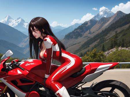 (masterpiece, highres, best quality:1.3), stunning, professional artwork, intricate details, vibrant image, sharp focus, trending on pixivTerayama Reiko, solo, (lying on motorcycle:1.1), (side view, full body shot:1.15), highway background, mountains and sky backgroundblack hair, long hair, hair between eyes,  lipstick, makeup, black eyeshadow, detailed hair, detailed face, brown eyes, perfect eyes, perfect face,red bodysuit, biker clothes, boots, mature female, 40yo, sweat, large breasts, cleavage,<lora:TerayamaReiko-000009:0.87>