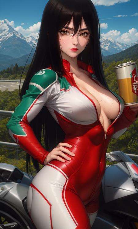 (masterpiece, highres, best quality:1.3), stunning, professional artwork, intricate details, vibrant image, sharp focus, trending on pixivTerayama Reiko, solo, (hand on hip:0.9), holding beer can, standing near motor vehicle, (tricky glance:1.1), looking at viewer, (cowboy shot:1.05), highway background, mountains and sky backgroundblack hair, long hair, hair between eyes,  lipstick, makeup, black eyeshadow, detailed hair, detailed face, brown eyes, perfect eyes, perfect face,red bodysuit, biker clothes,mature female, 40yo, sweat, large breasts, cleavage,<lora:TerayamaReiko-000009:0.9>,<lora:goodhandsBeta2.L2r5:1>