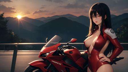 (masterpiece, highres, best quality:1.3), stunning, professional artwork, intricate details, vibrant image, sharp focus, trending on pixivTerayama Reiko, riding on motorcycle, (side view:0.8), (shot from above, at distance:1.25), highway background, sunset background, sun, black hair, long hair, hair between eyes,  lipstick, makeup, black eyeshadow, detailed hair, detailed face, brown eyes, perfect eyes, perfect face,red bodysuit, biker clothes,mature female, 40yo, large breasts,<lora:TerayamaReiko-000009:0.9>, <lora:LowRa:0.5>