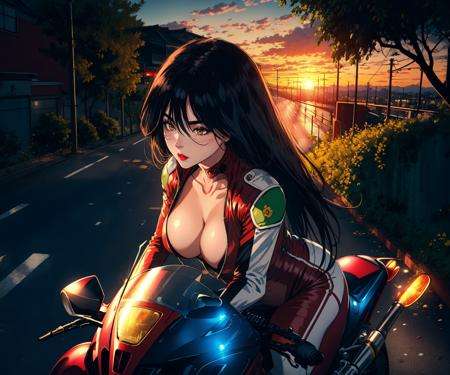 (masterpiece, highres, best quality:1.3), stunning, professional artwork, intricate details, vibrant image, sharp focus, trending on pixivTerayama Reiko, riding on motorcycle, (side view:0.8), (shot from above, at distance:1.25), highway background, sunset background, sun, black hair, long hair, hair between eyes,  lipstick, makeup, black eyeshadow, detailed hair, detailed face, brown eyes, perfect eyes, perfect face,red bodysuit, biker clothes,mature female, 40yo, large breasts,<lora:TerayamaReiko-000009:0.9>, <lora:LowRa:0.5>