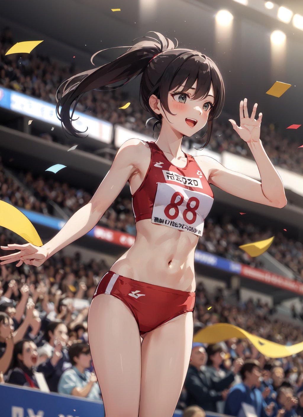 various girls, (masterpiece, high quality), mature woman, athletics, confetti, happy, hands up, v, long hair, ponytail hair, dynamic pose, <lora:EMS-3839-EMS:1>