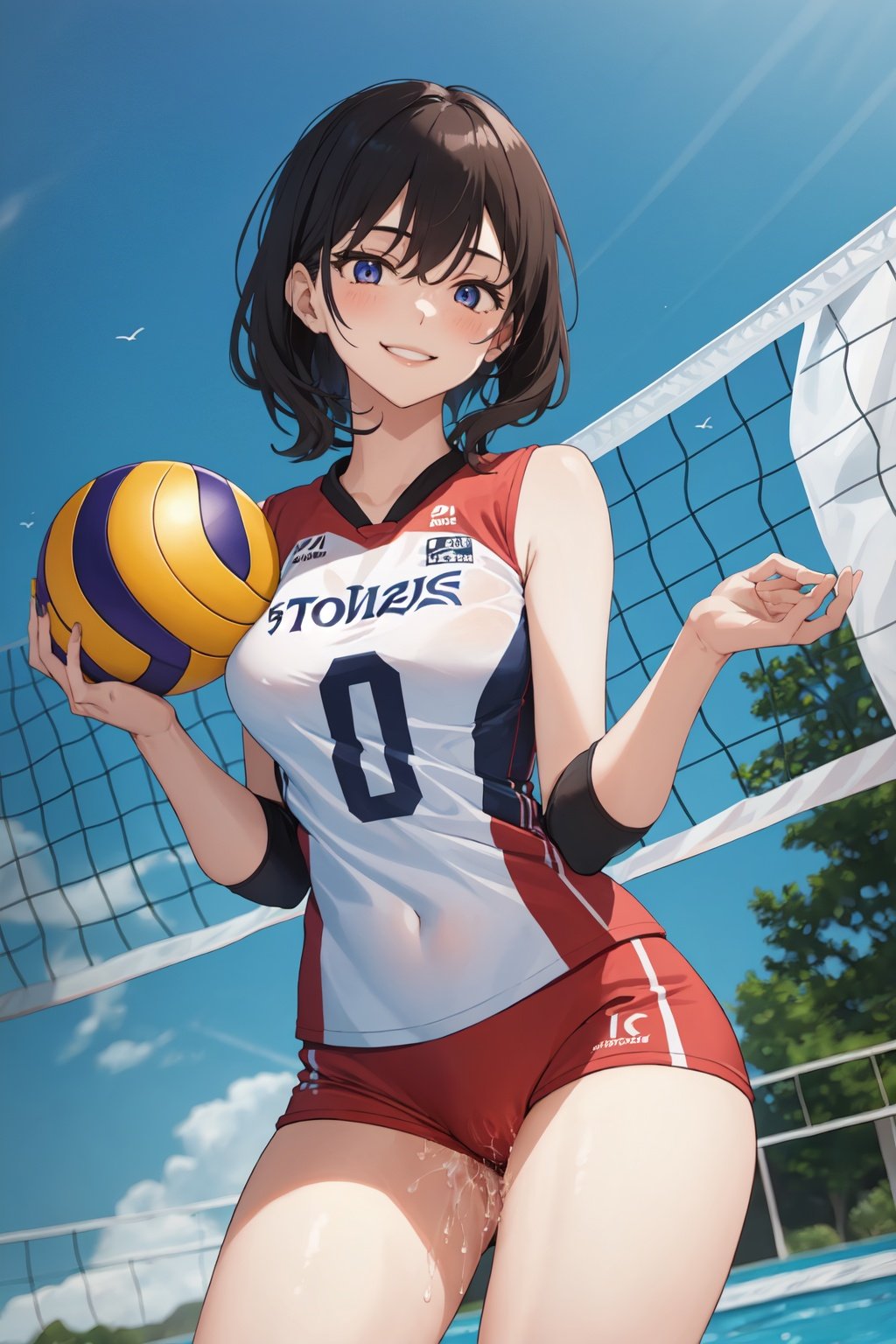 1girl,solo,narrow_waist, thighs,perfect face,spread_legs,pussy_juice,watery_eyes,volleyball uniform,smile, <lora:EMS-3840-EMS:0.8>